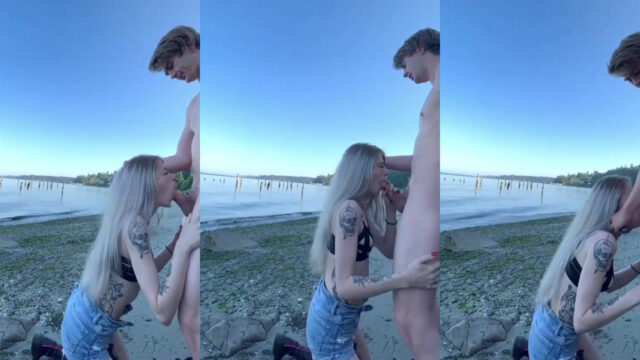 Babe blonde blowjob on a public beach